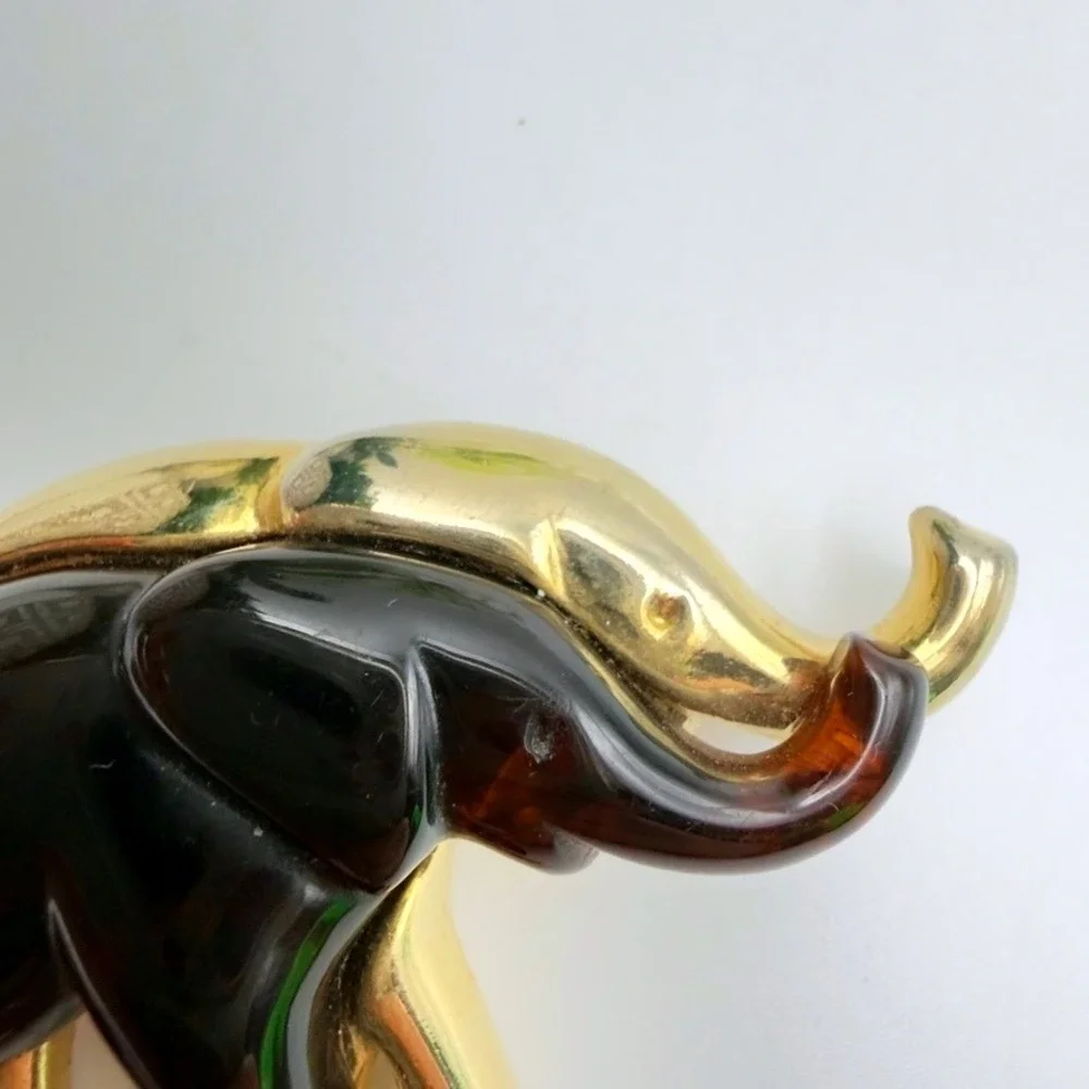Vintage Liz Claiborne Elephant Brooch Faux Tortoiseshell Lucite Gold Tone Pin